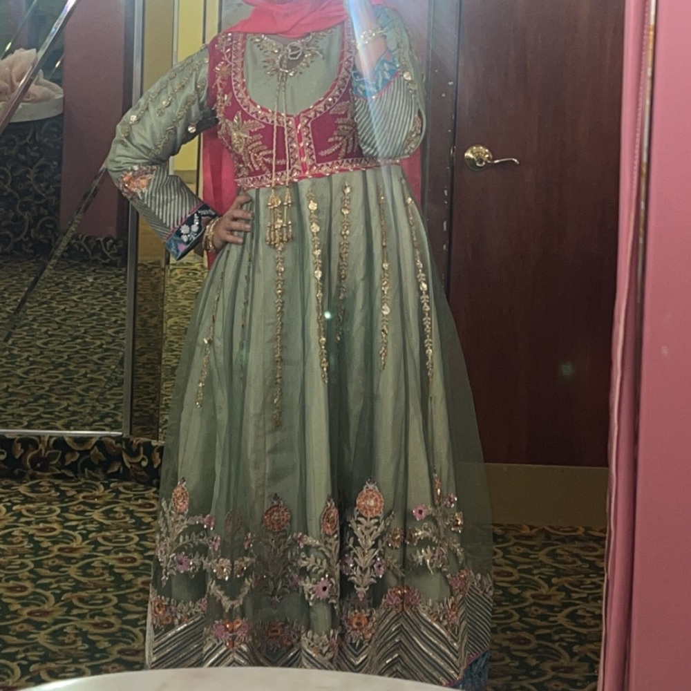 Pink and Green Embroidered Dress